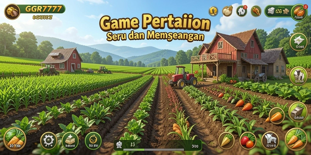 Gameplay GGR7777 menampilkan ladang yang subur dan aktivitas bertani yang seru.